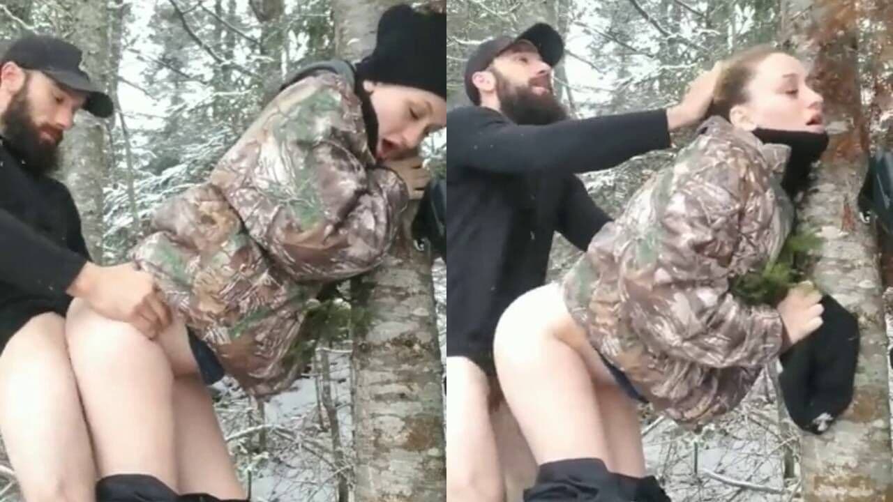 Hot Russian girl fucked outdoors in winter and getting cum-shot